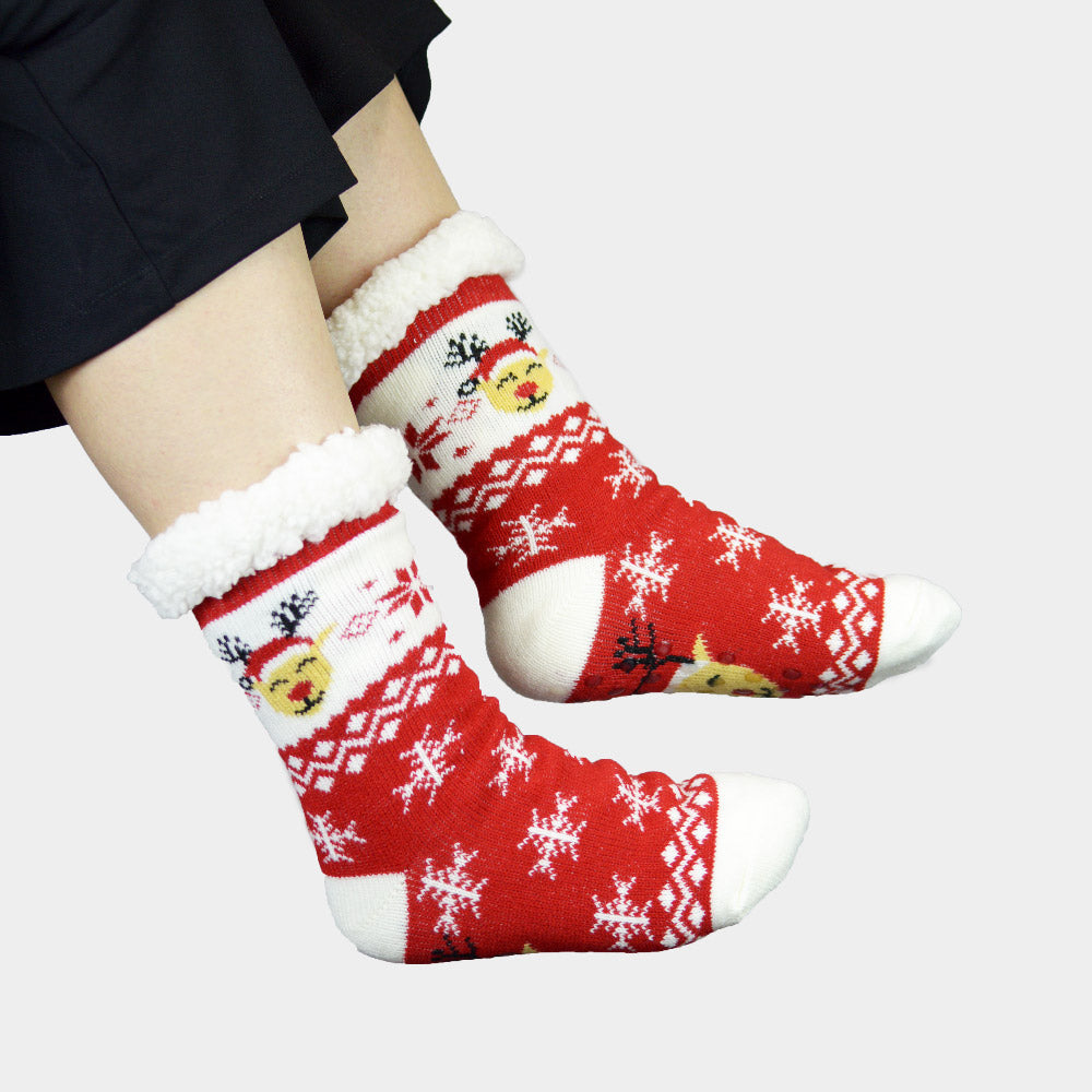 Fuzzy Christmas Socks Reindeer with Santa Hat