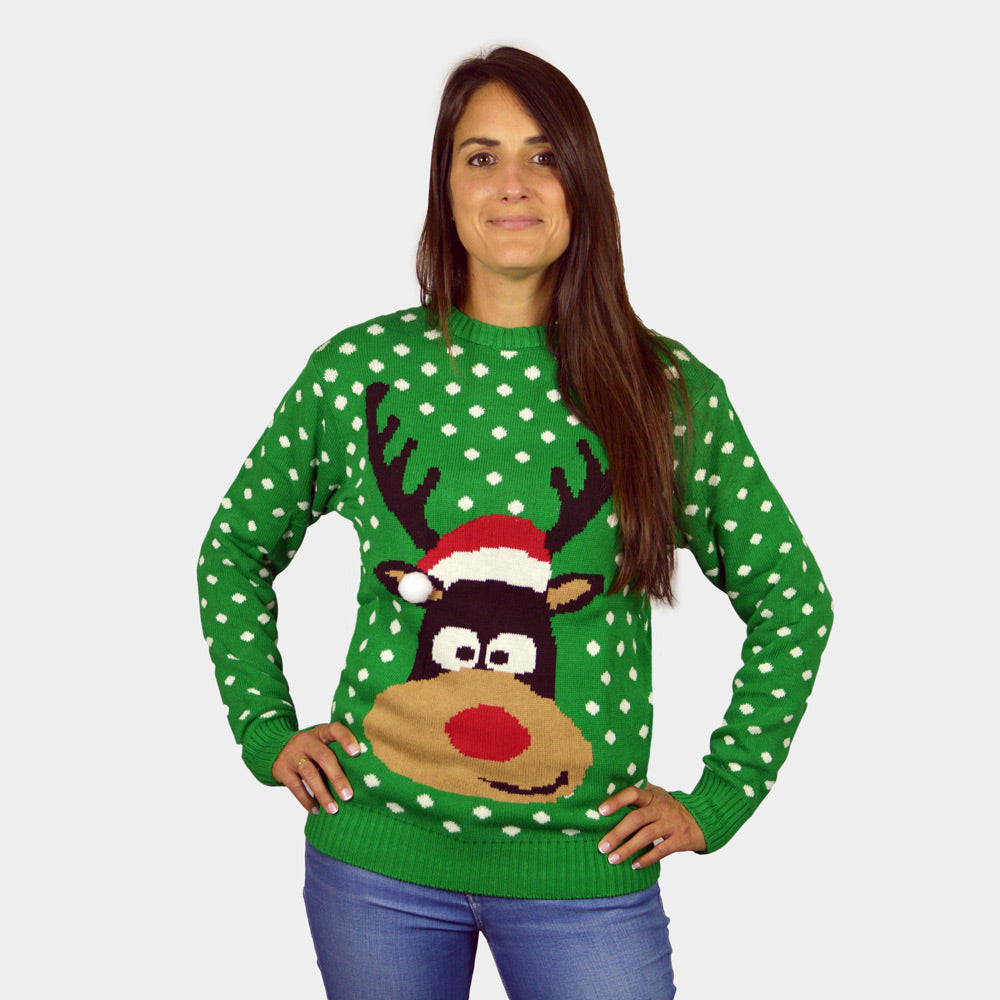 Womens Green 3D Cotton Ugly Christmas Sweater ¨C Reindeer with Santas hat