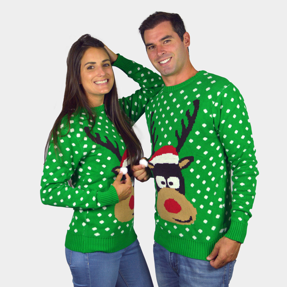 Womens Green 3D Cotton Ugly Christmas Sweater ¨C Reindeer with Santas hat