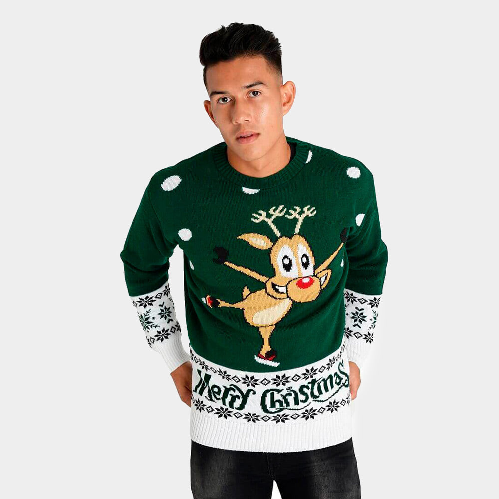 Womens Green Ugly Christmas Sweater with skating Reindeer