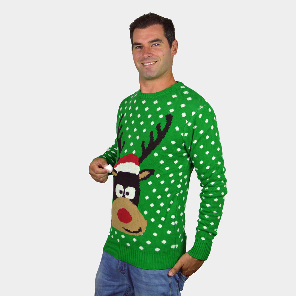 Womens Green 3D Cotton Ugly Christmas Sweater ¨C Reindeer with Santas hat