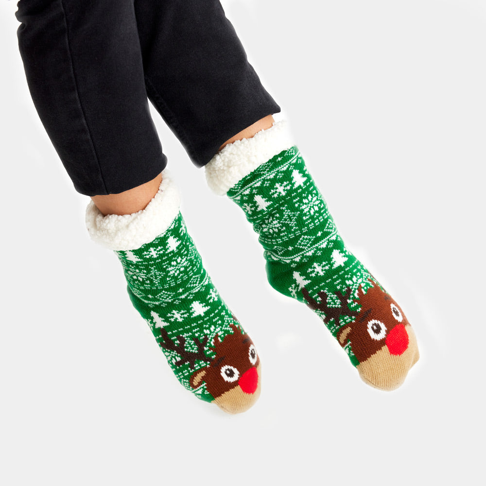Green Fuzzy Christmas Socks with Trees and Reindeer