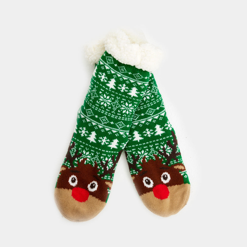 Green Fuzzy Christmas Socks with Trees and Reindeer