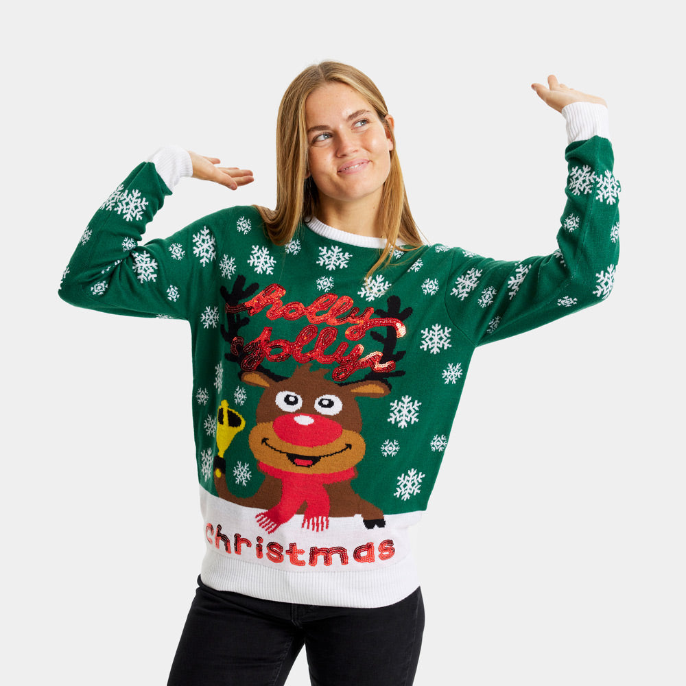 Womens Green Ugly Christmas Sweater Holly Jolly with Sequins