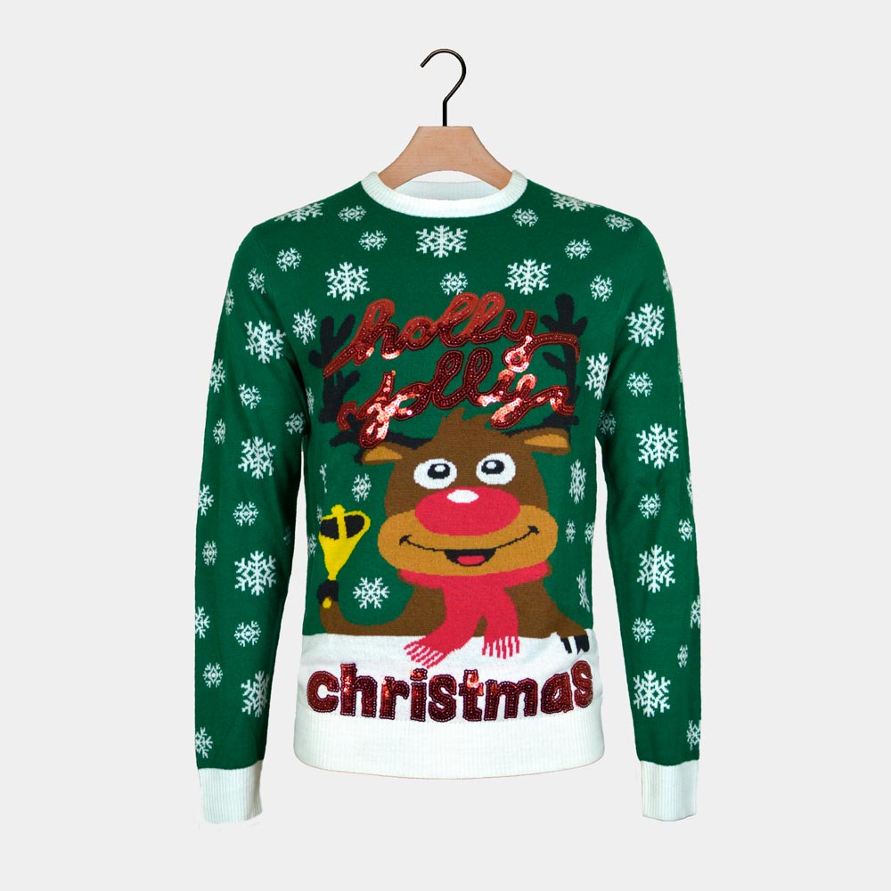 Womens Green Ugly Christmas Sweater Holly Jolly with Sequins