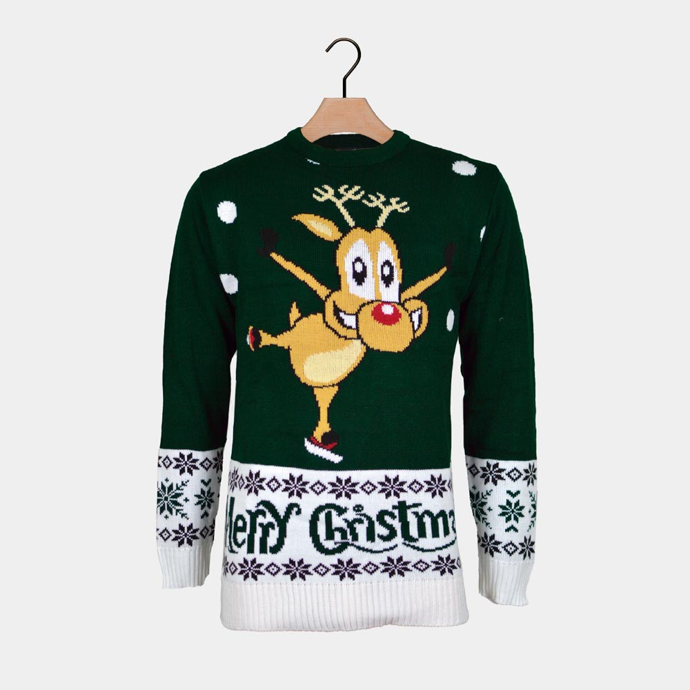 Womens Green Ugly Christmas Sweater with skating Reindeer