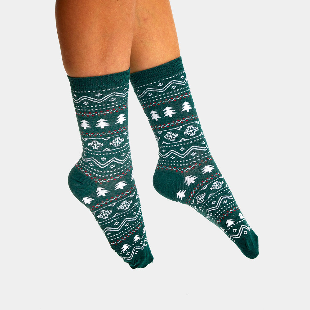 Green Unisex Ugly Christmas Socks with Trees and Snow