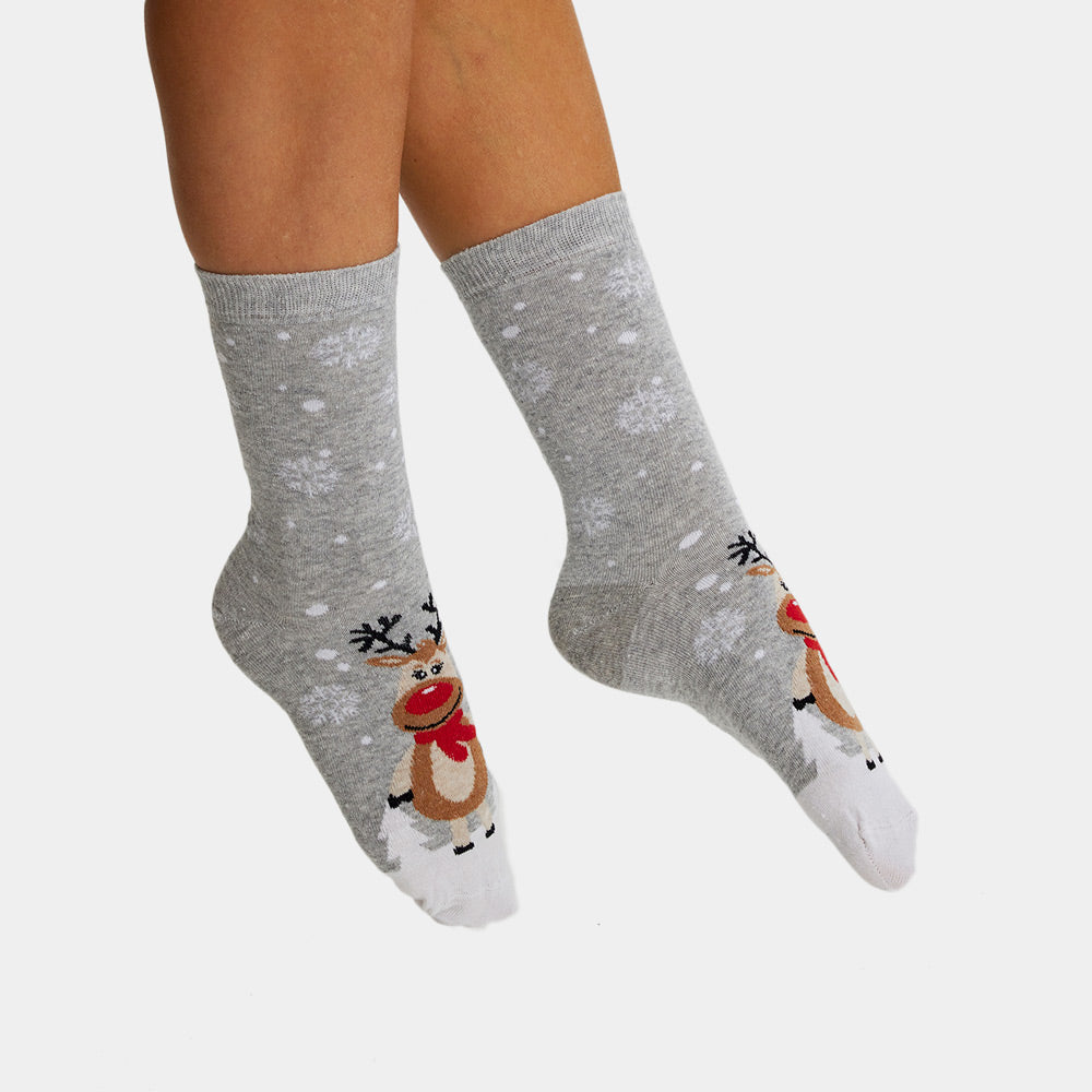 Grey Unisex Ugly Christmas Socks Cute Reindeers