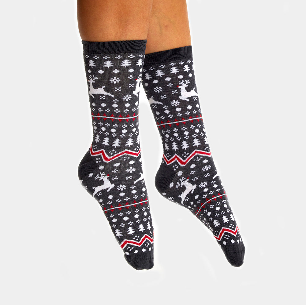Grey Unisex Ugly Christmas Socks with Reindeers and Trees
