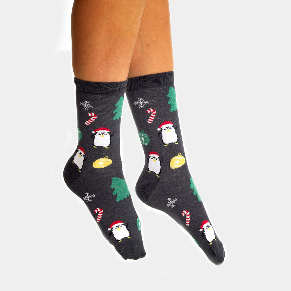 Grey Unisex Ugly Christmas Socks with Trees and Penguins