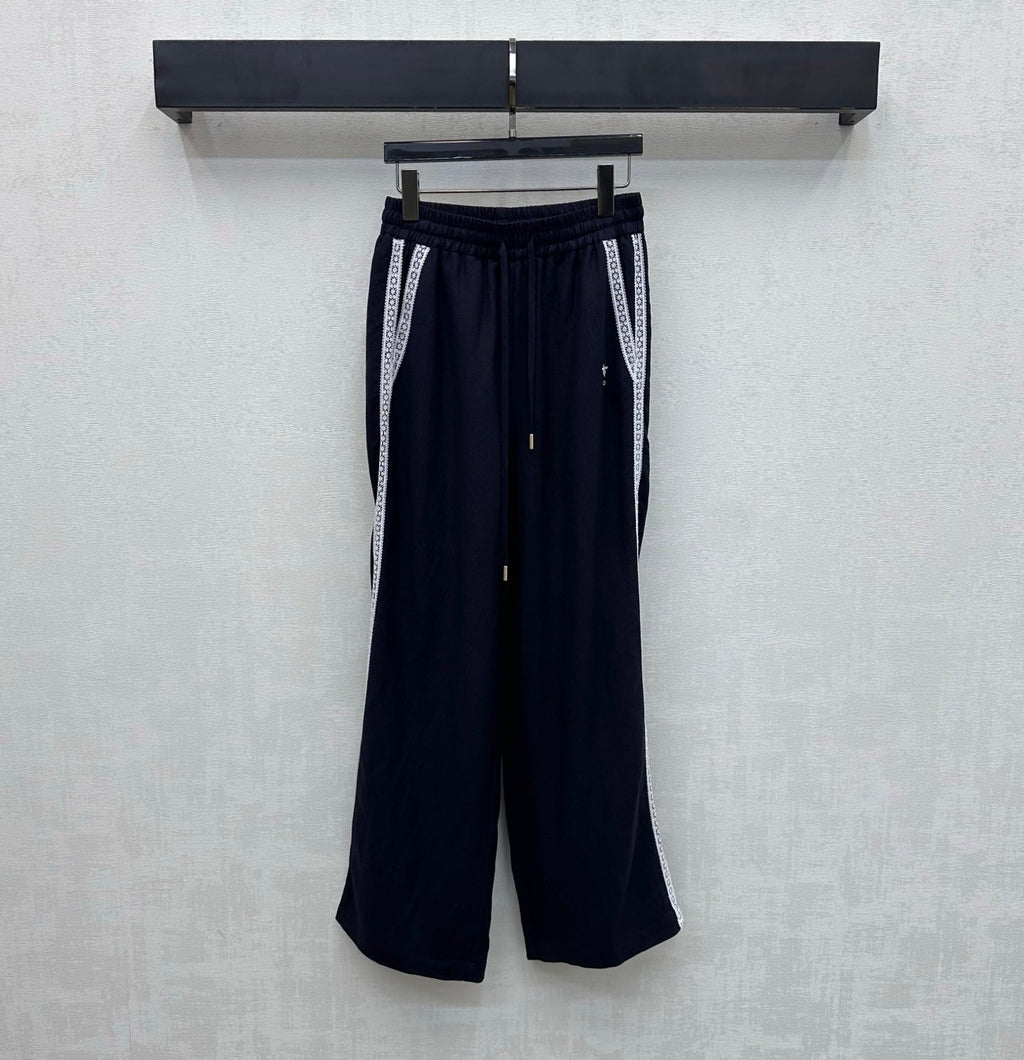 Dior 2026 Drawstring Linen Straight Leg Trouser Beige and Navy Blue Cotton