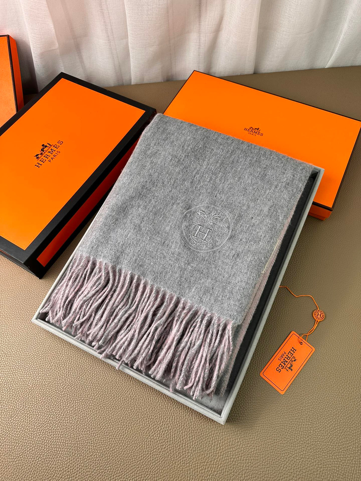 DOUBLE-FACE SCARF 200 CM IN LIGHT PINK AND GREY CASHMERE