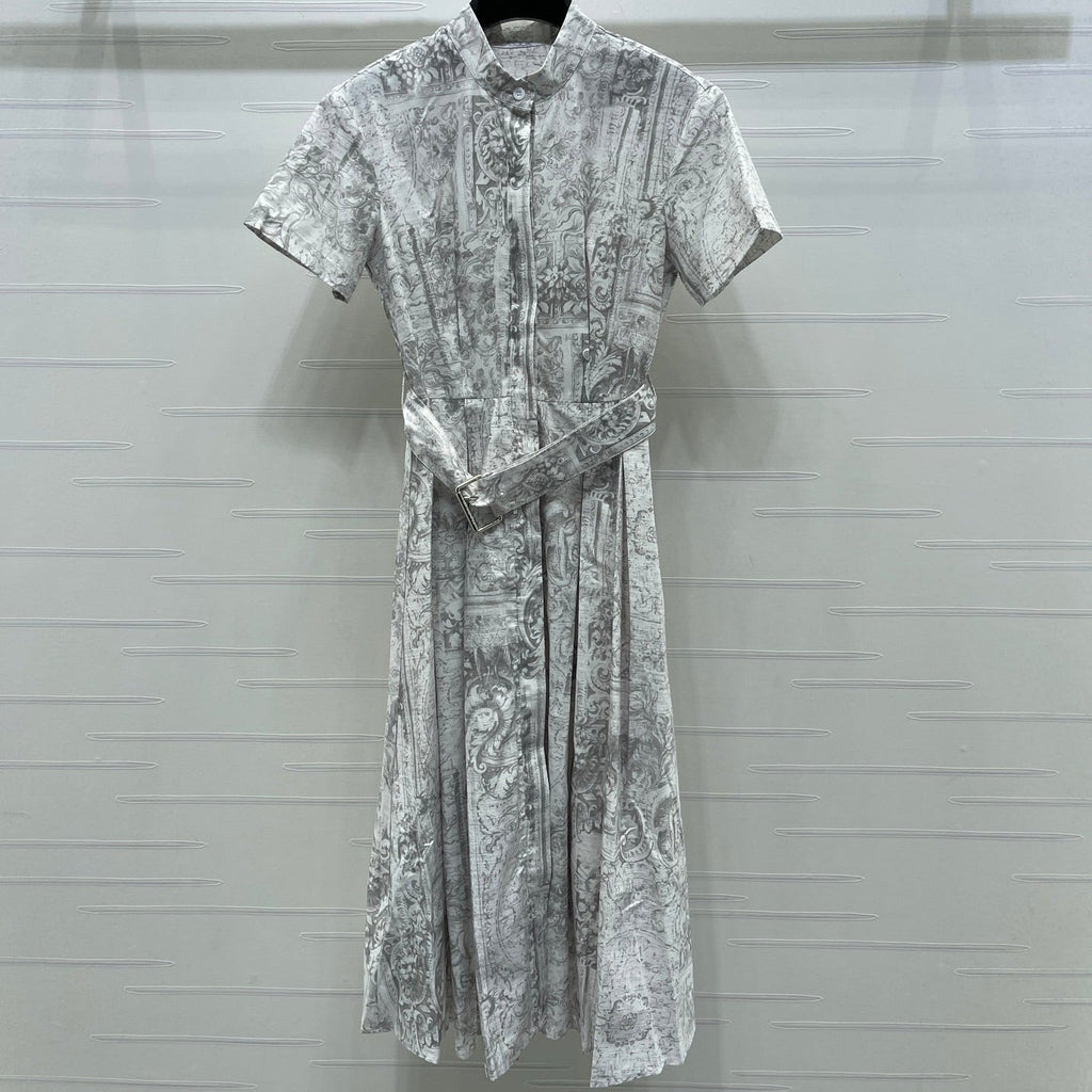 Dior 2026 Printed Short-Sleeve Dress White Grey Polyester