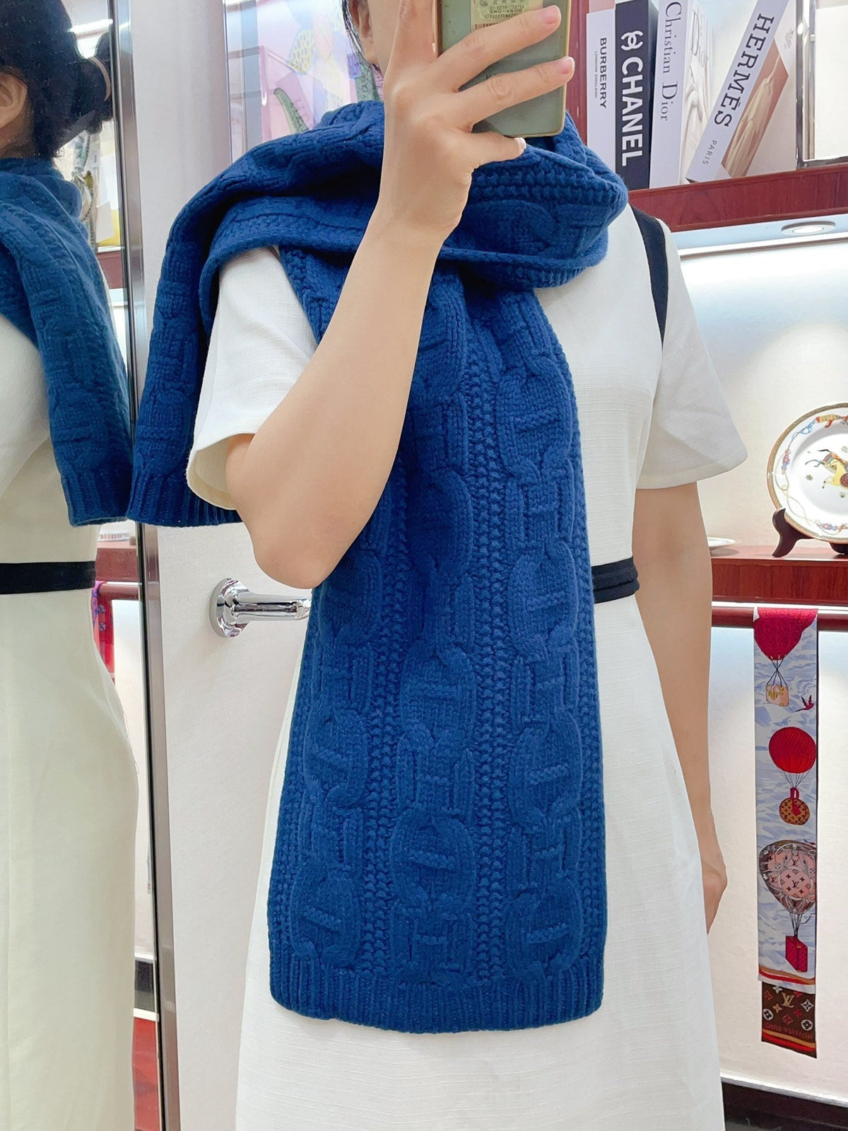Faubourg Muffler Scarf 170 CM Blue Cashmere Handwoven 356202
