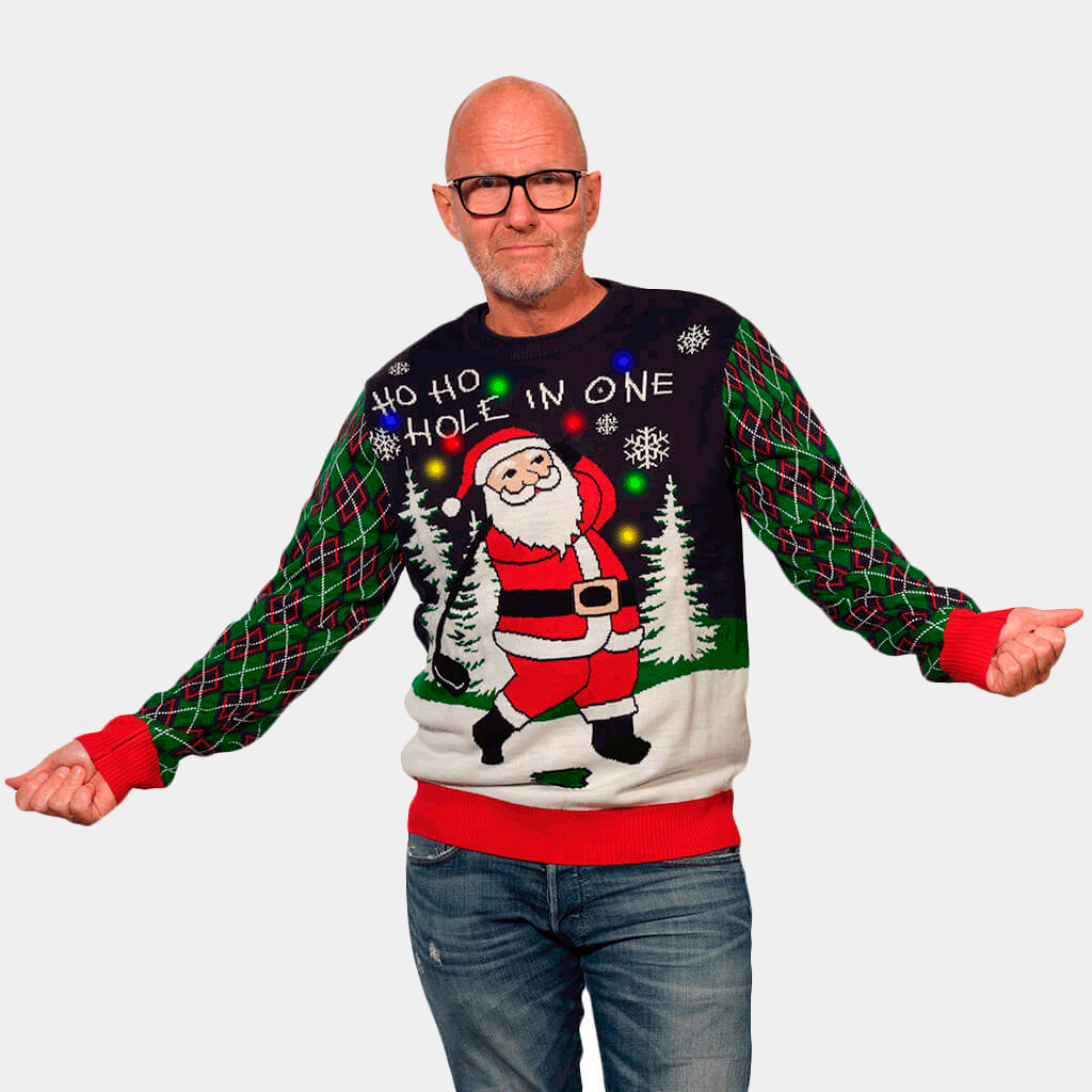 Womens LED light-up Ugly Christmas Sweater with Santa playing Golf