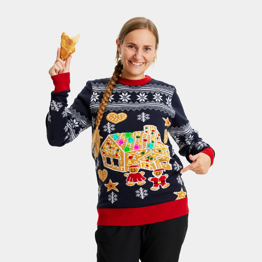 Womens LED light-up Ugly Christmas Sweater with Gingerbread House