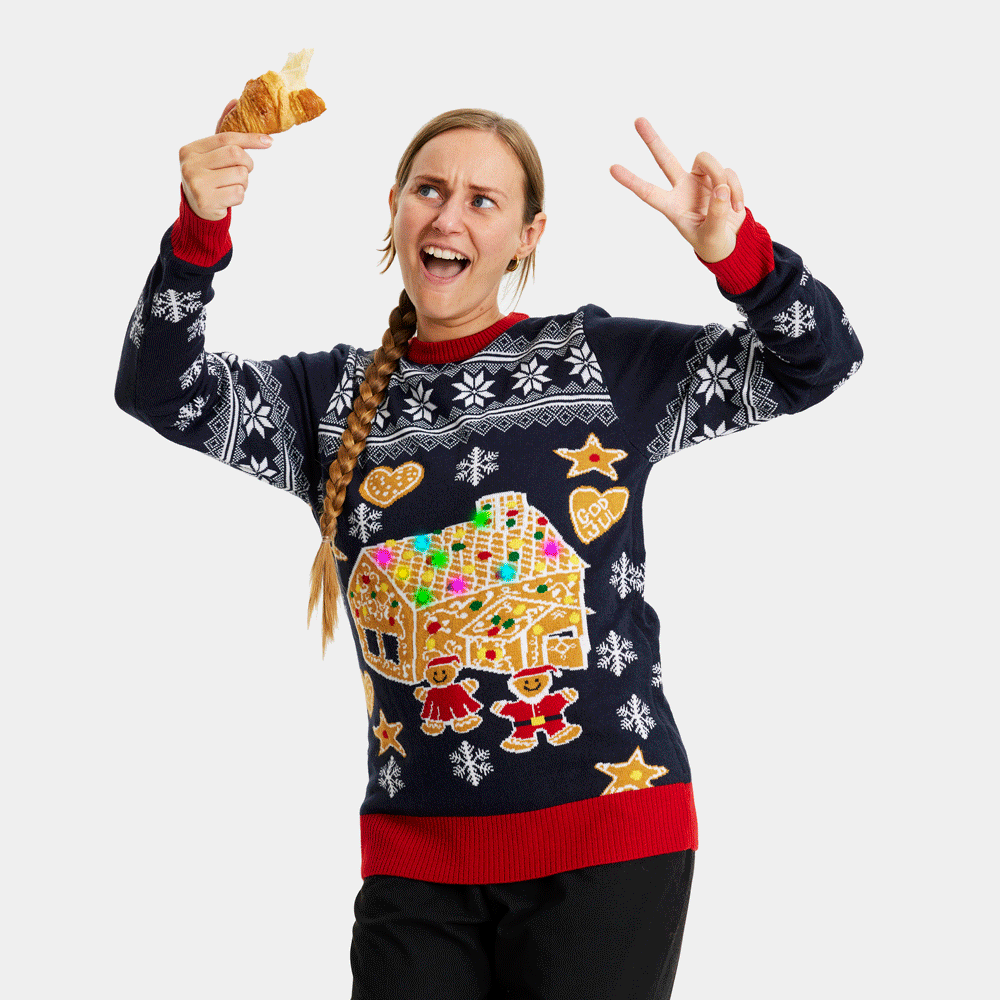 Womens LED light-up Ugly Christmas Sweater with Gingerbread House