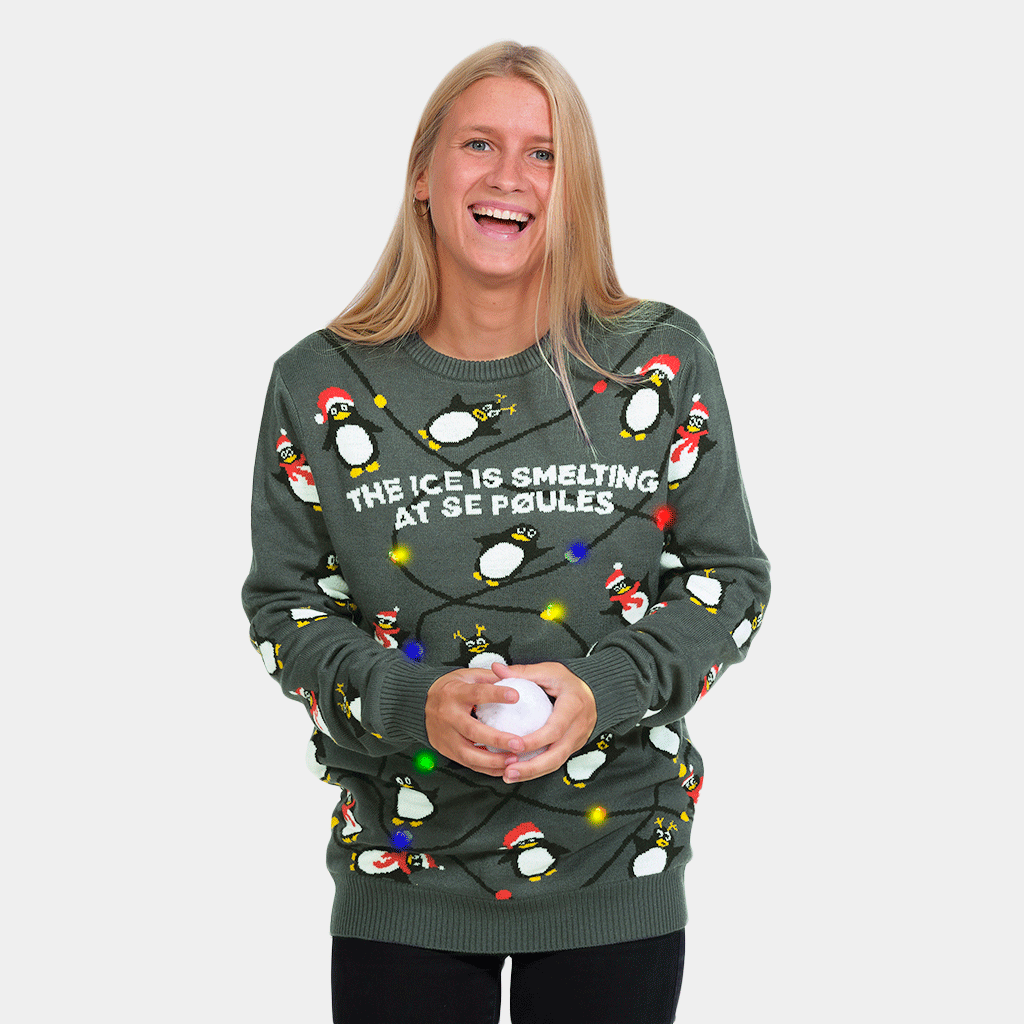 Womens LED light-up Ugly Christmas Sweater with Penguins