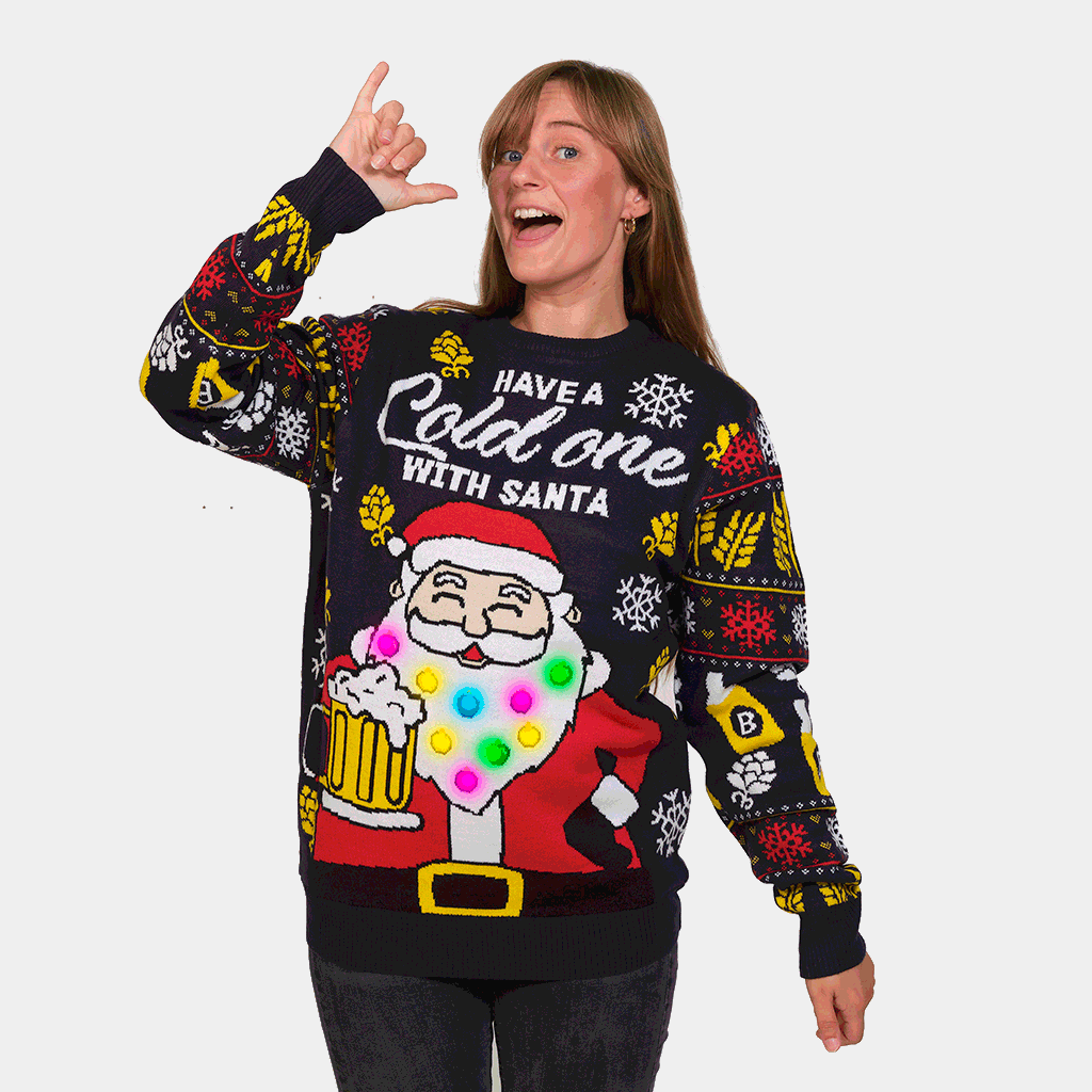 Womens LED Light-Up Ugly Christmas Sweater ¨C Santa with Beer