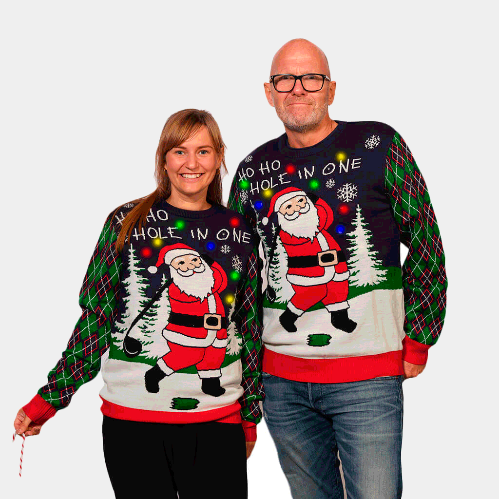 Womens LED light-up Ugly Christmas Sweater with Santa playing Golf