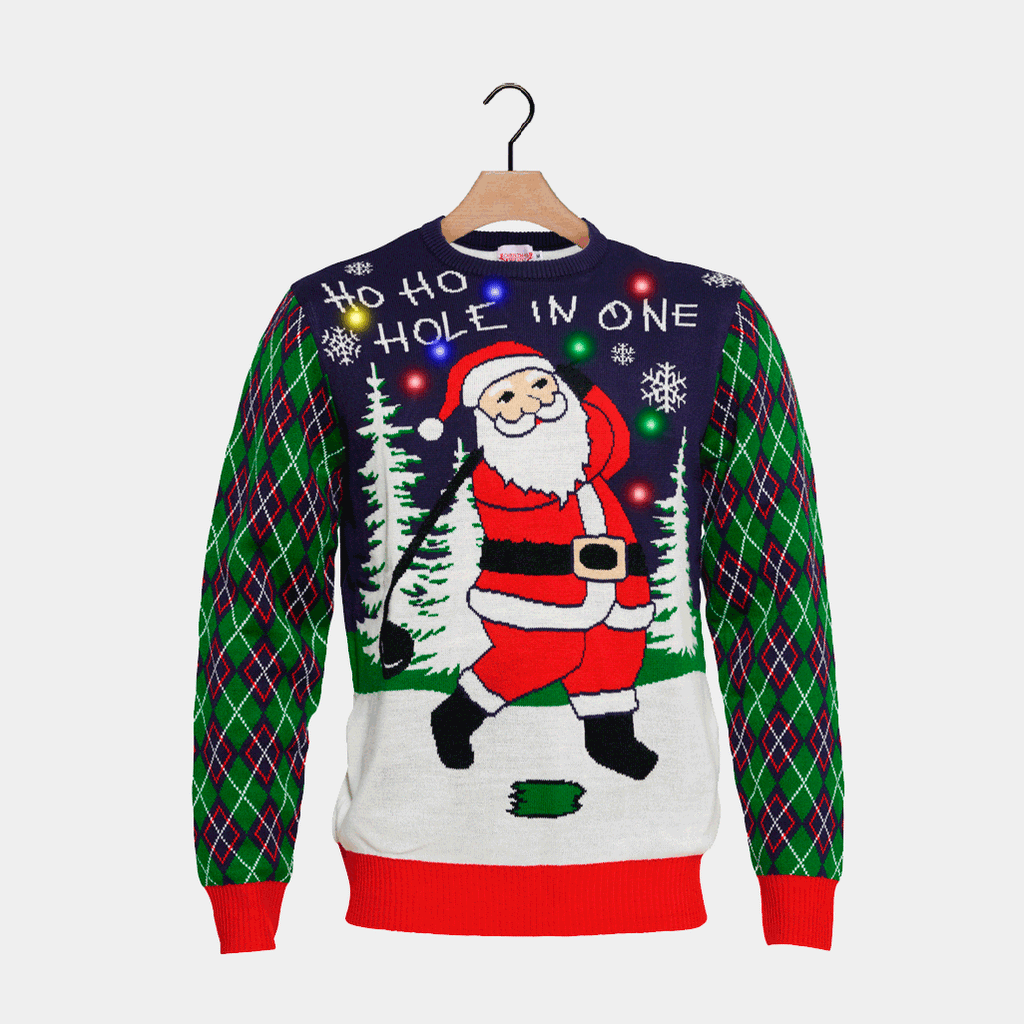 Womens LED light-up Ugly Christmas Sweater with Santa playing Golf