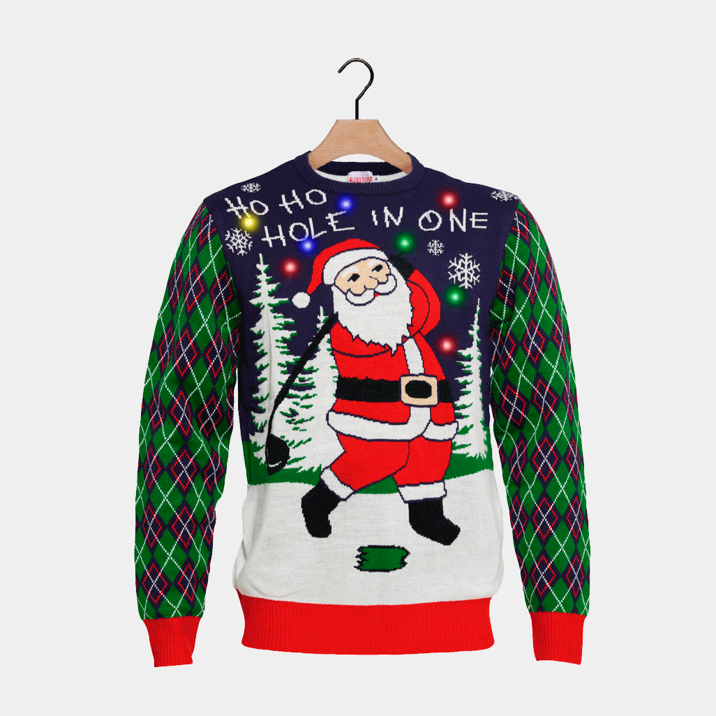 Womens LED light-up Ugly Christmas Sweater with Santa playing Golf
