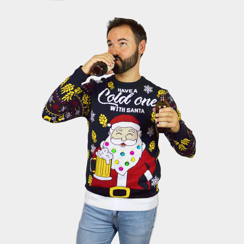 Womens LED Light-Up Ugly Christmas Sweater ¨C Santa with Beer