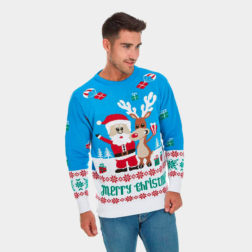 Womens Light Blue Ugly Christmas Sweater with Santa and Rudolph