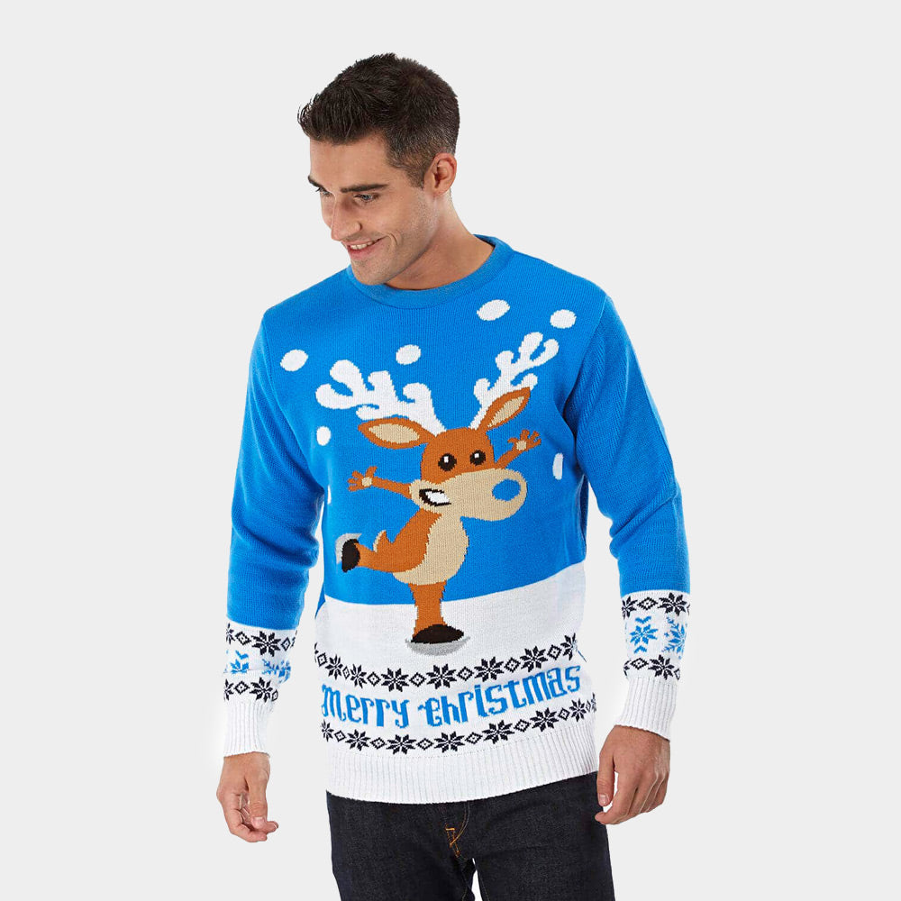 Womens Light Blue Ugly Christmas Sweater with skating Reindeer
