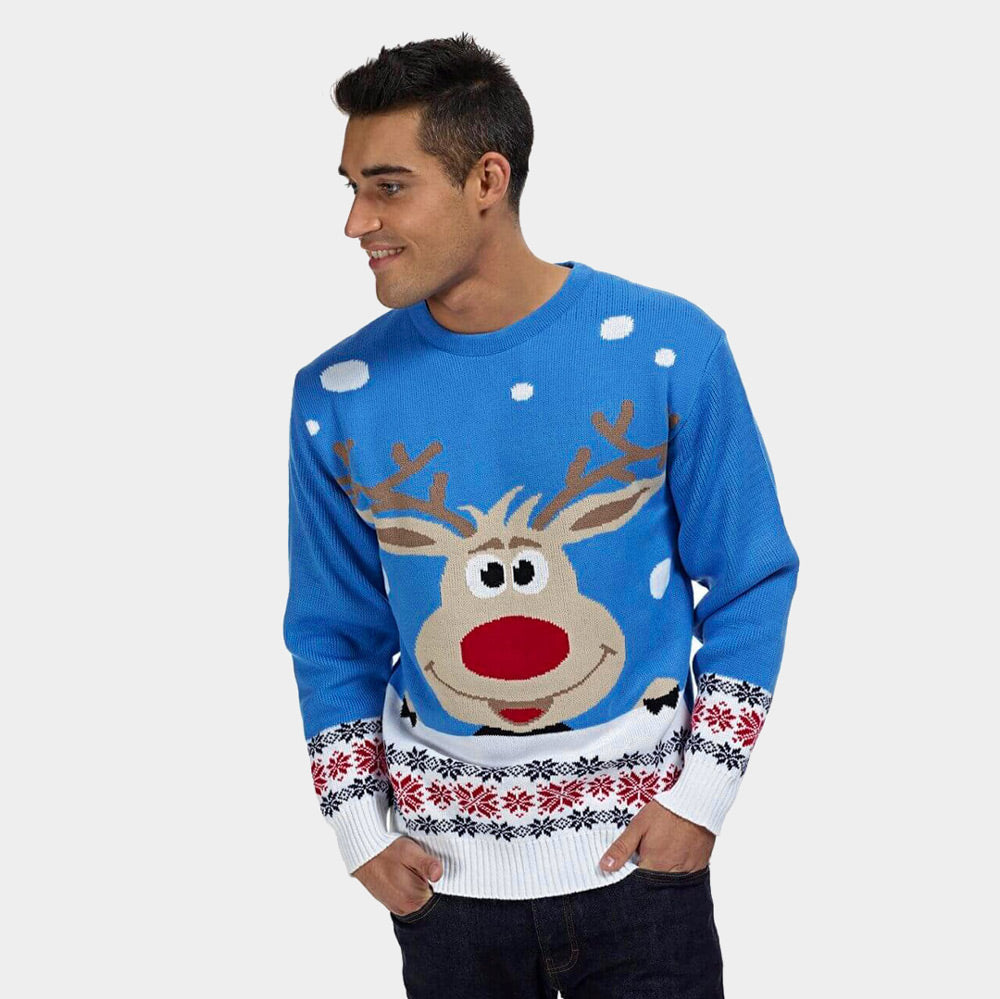 Womens Light Blue Ugly Christmas Sweater with Reindeer and Snow