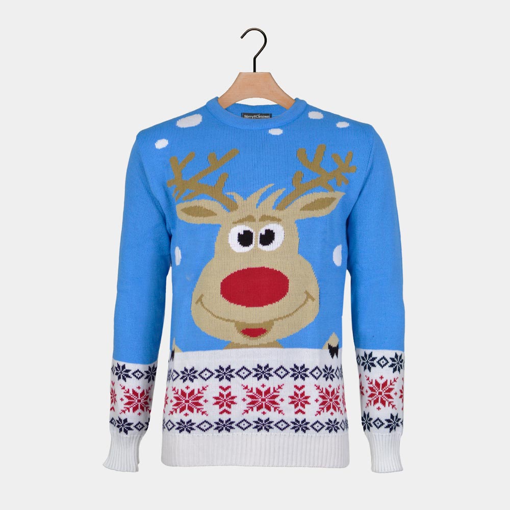 Womens Light Blue Ugly Christmas Sweater with Reindeer and Snow
