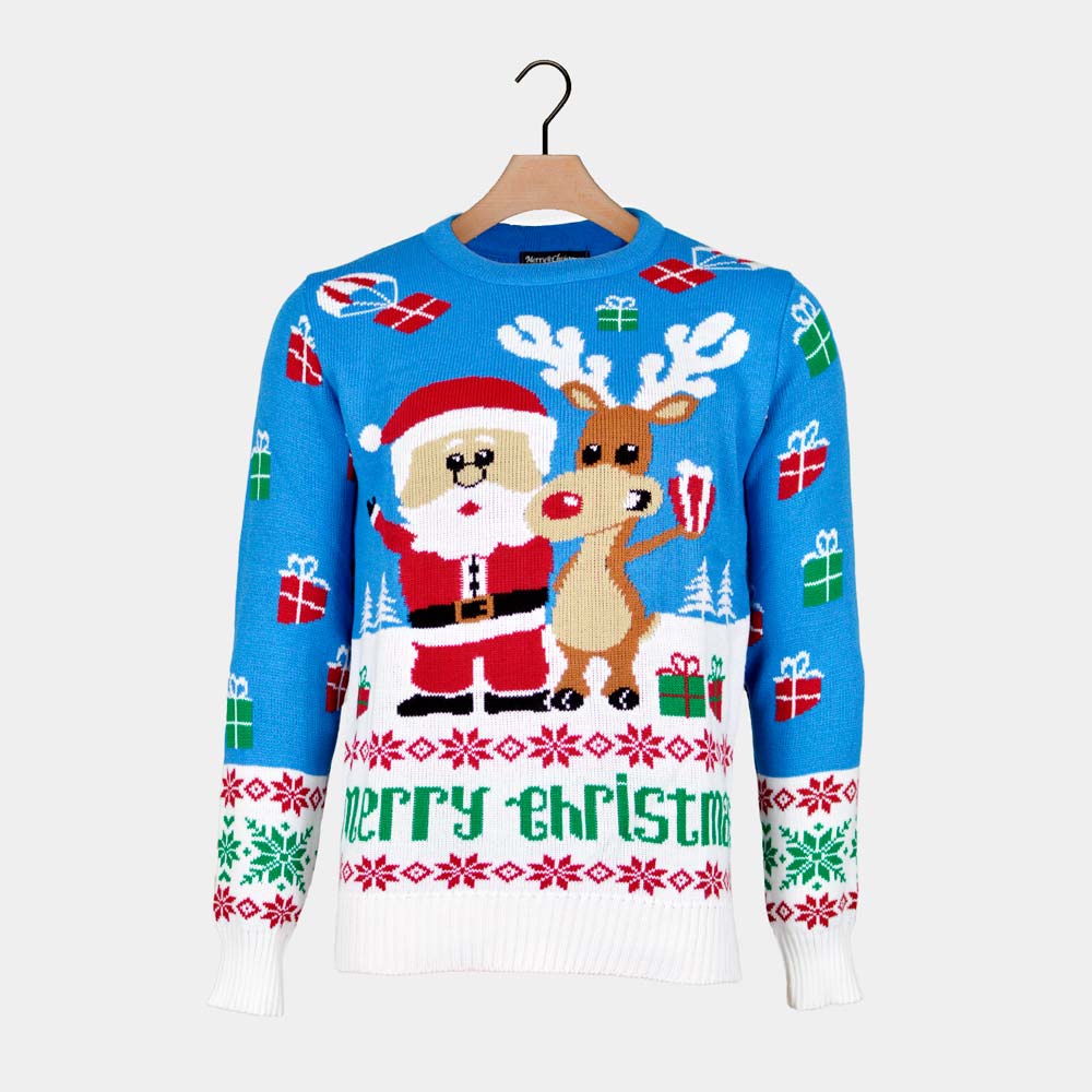 Womens Light Blue Ugly Christmas Sweater with Santa and Rudolph