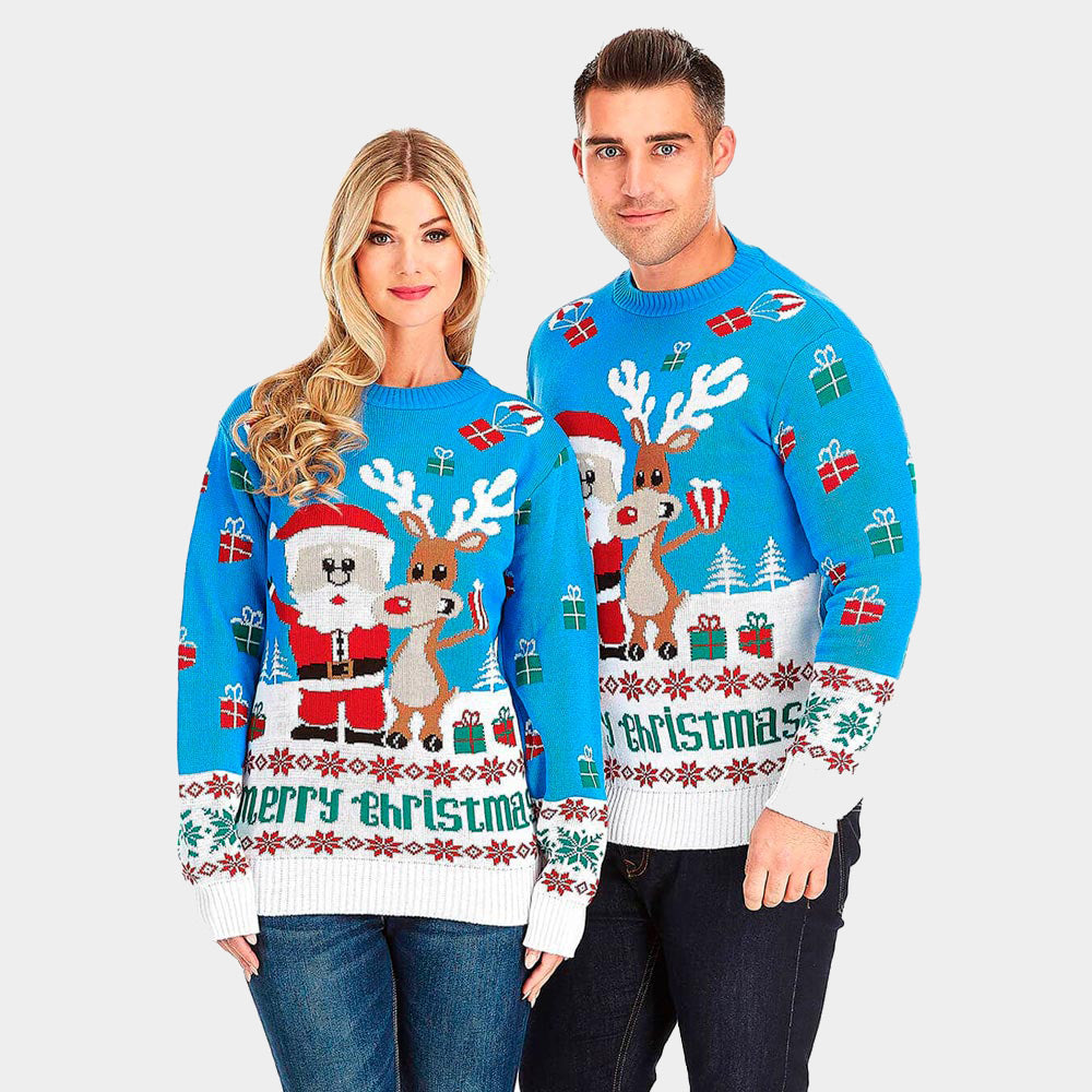 Womens Light Blue Ugly Christmas Sweater with Santa and Rudolph