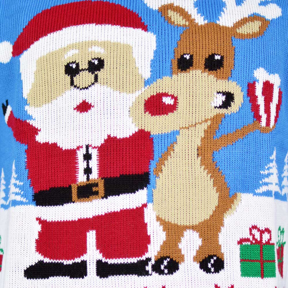 Womens Light Blue Ugly Christmas Sweater with Santa and Rudolph