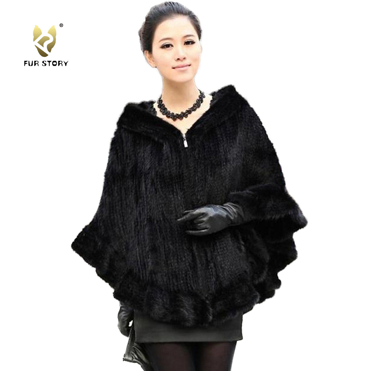 FUR STORY Womens Knitted Mink Fur Shawl Real Fur Scarf Natural Mink Poncho Coat 070304