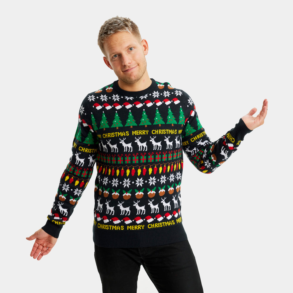 Womens Black Ugly Christmas Sweater with Trees, Reindeer and Gifts