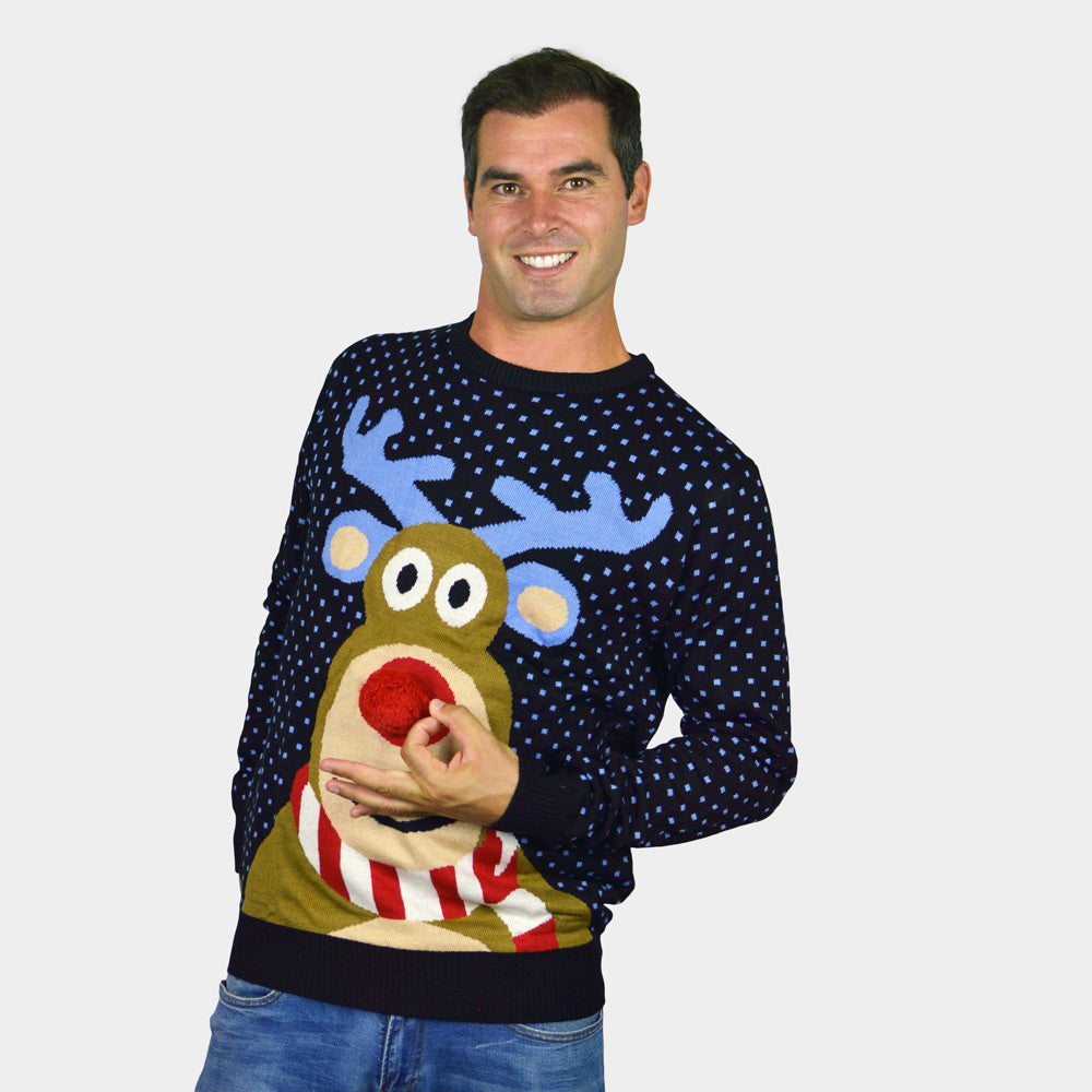 Womens Blue 3D Ugly Christmas Sweater ¨C Reindeer with Red Nosed