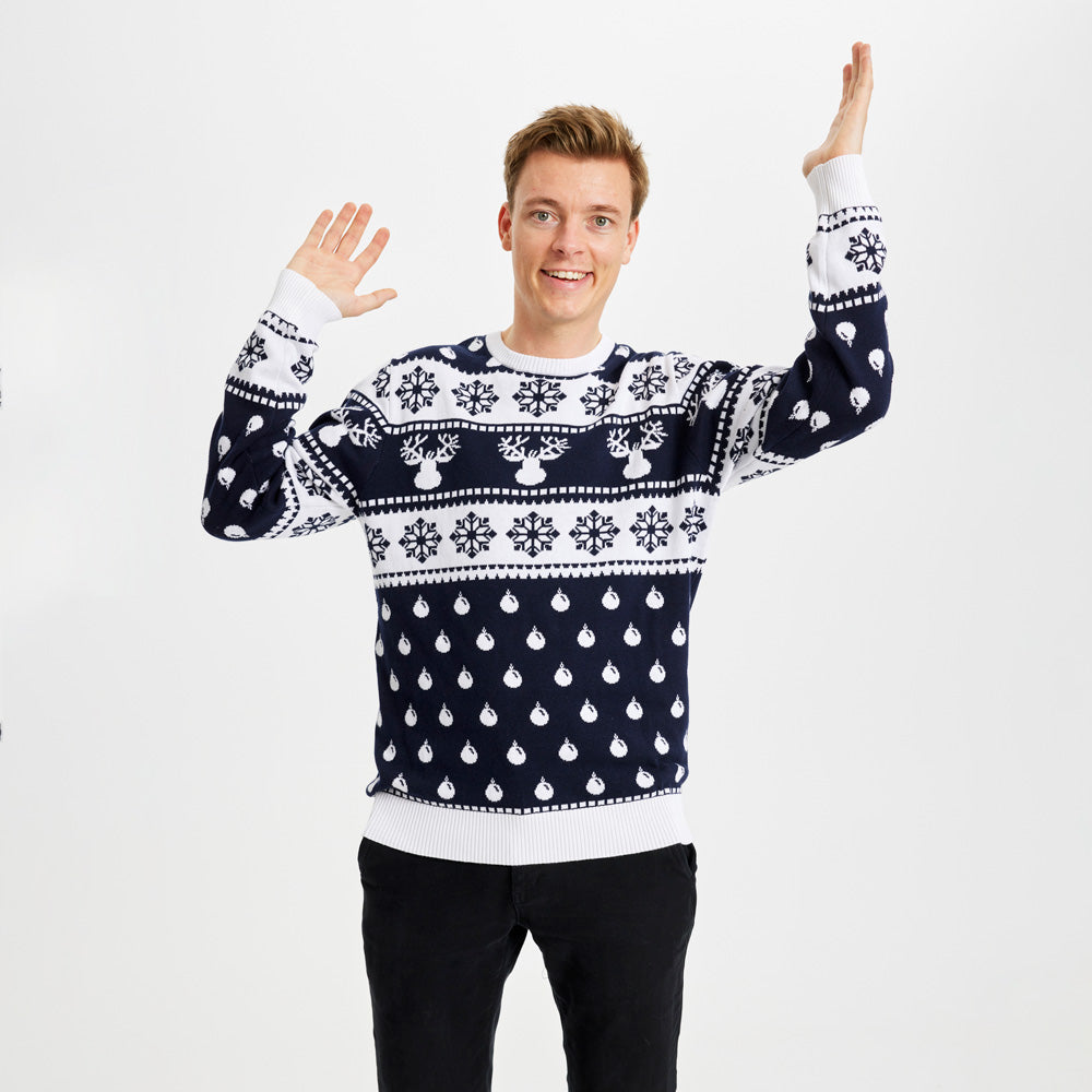 Womens Blue Ugly Christmas Sweater with Reindeer and Snow