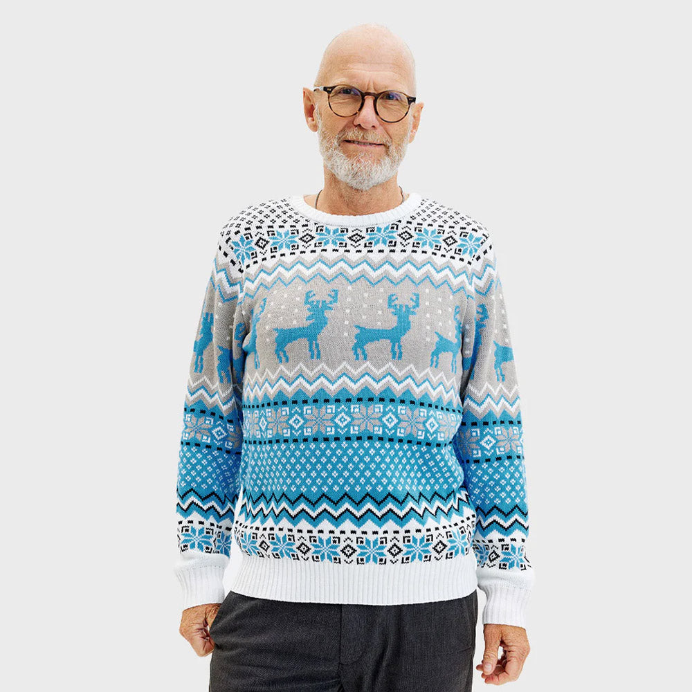 Womens Classy White, Grey and Blue Ugly Christmas Sweater with Reindeer