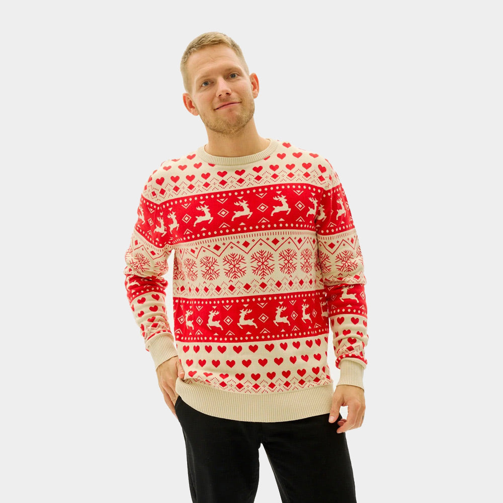 Womens Red & Beige Organic Cotton Ugly Christmas Sweater with Hearts