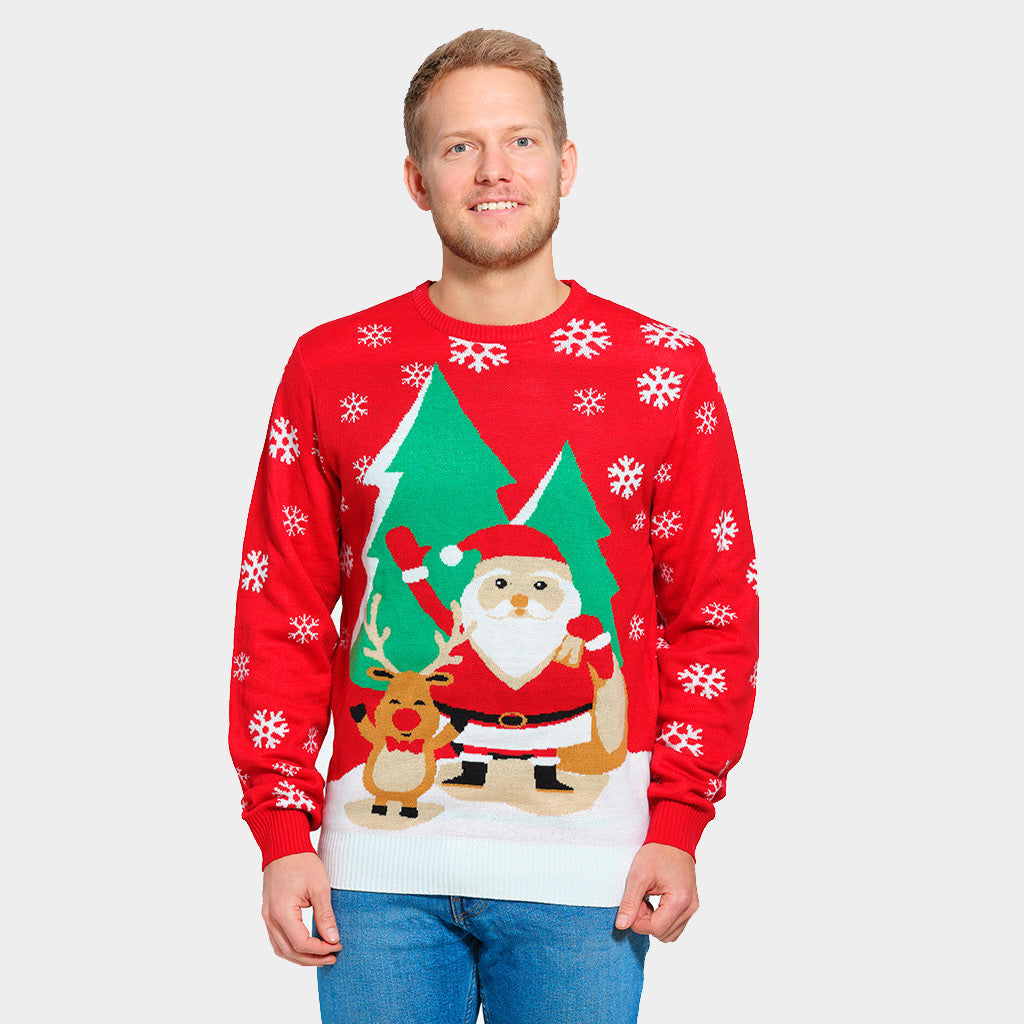 Womens Red Ugly Christmas Sweater with Santa and Reindeer Greeting