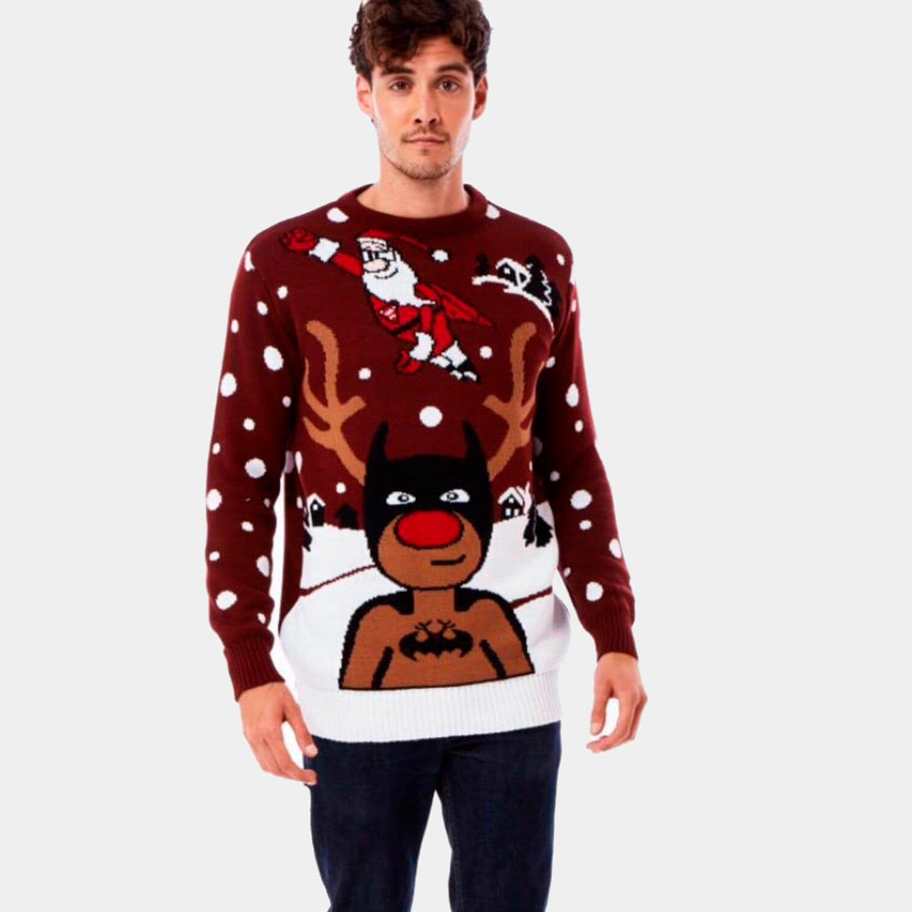 Womens Ugly Christmas Sweater with Batman Rudolph and Superman Santa