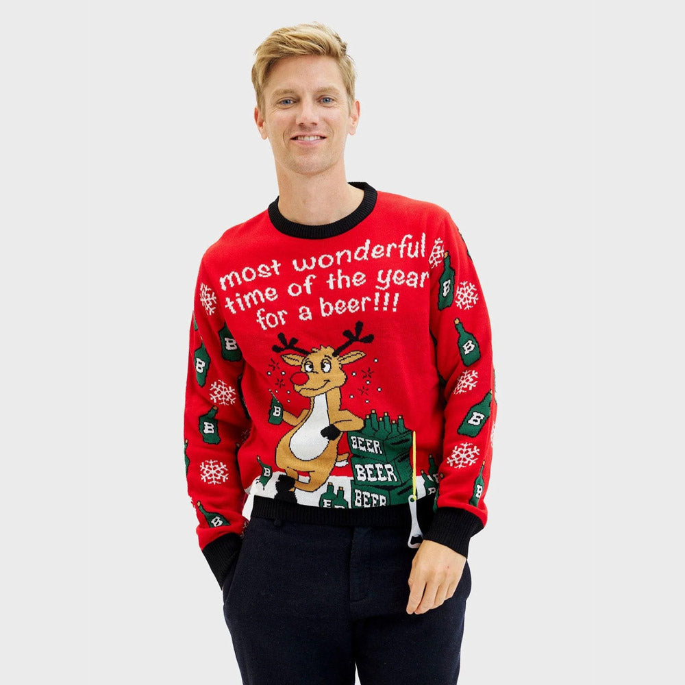 Womens Ugly Christmas Sweater with Reindeer + Beer Opener