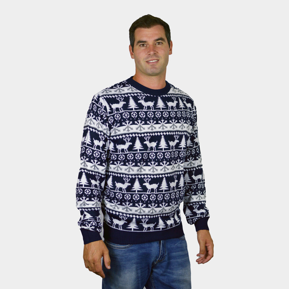 Womens Ugly Christmas Sweater with Reindeer and Trees Strips