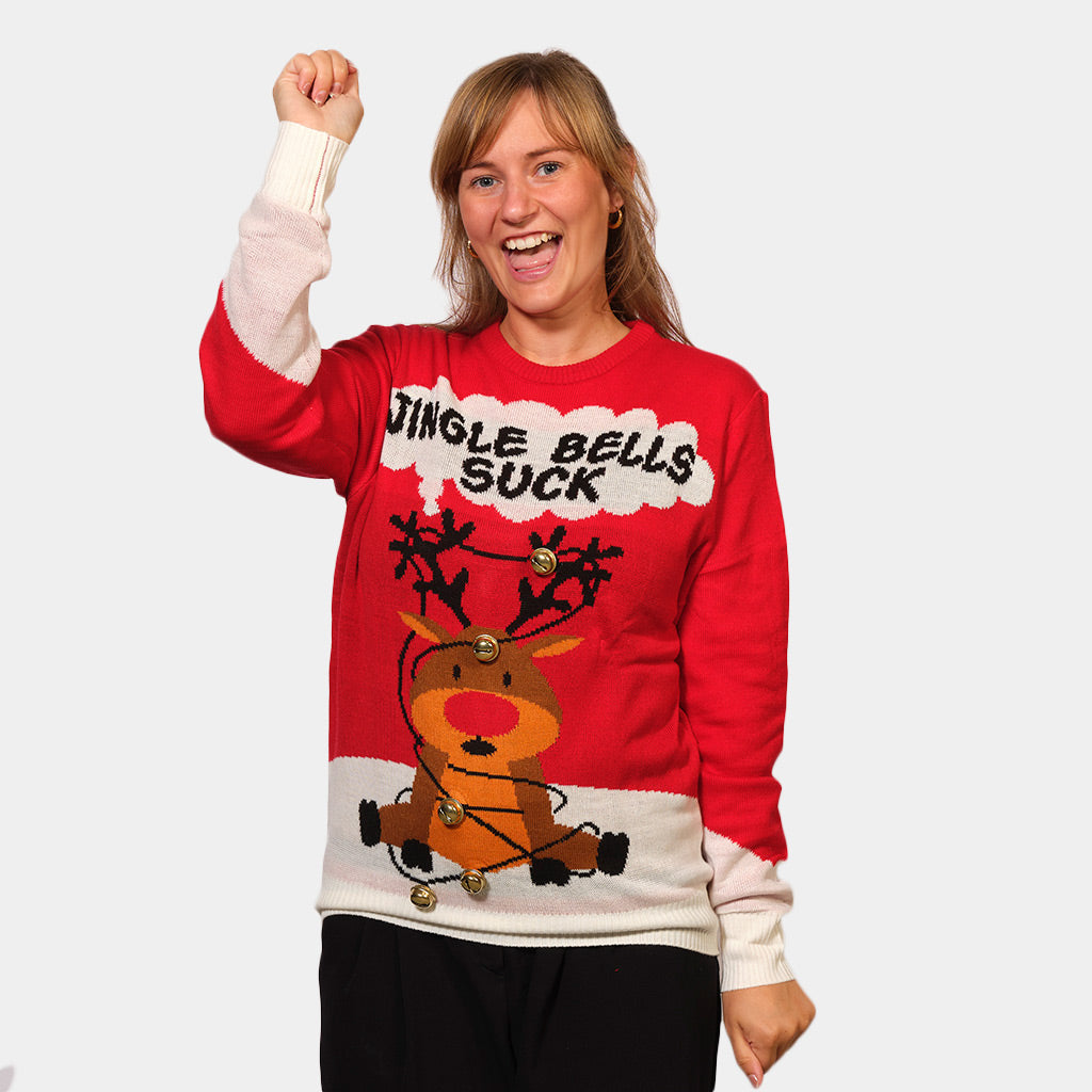 Womens Red 3D Ugly Christmas Sweater Jingle Bells Suck
