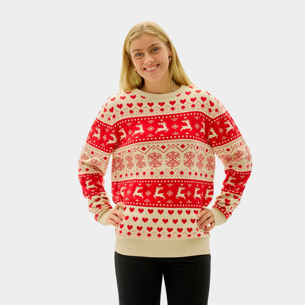 Womens Red & Beige Organic Cotton Ugly Christmas Sweater with Hearts