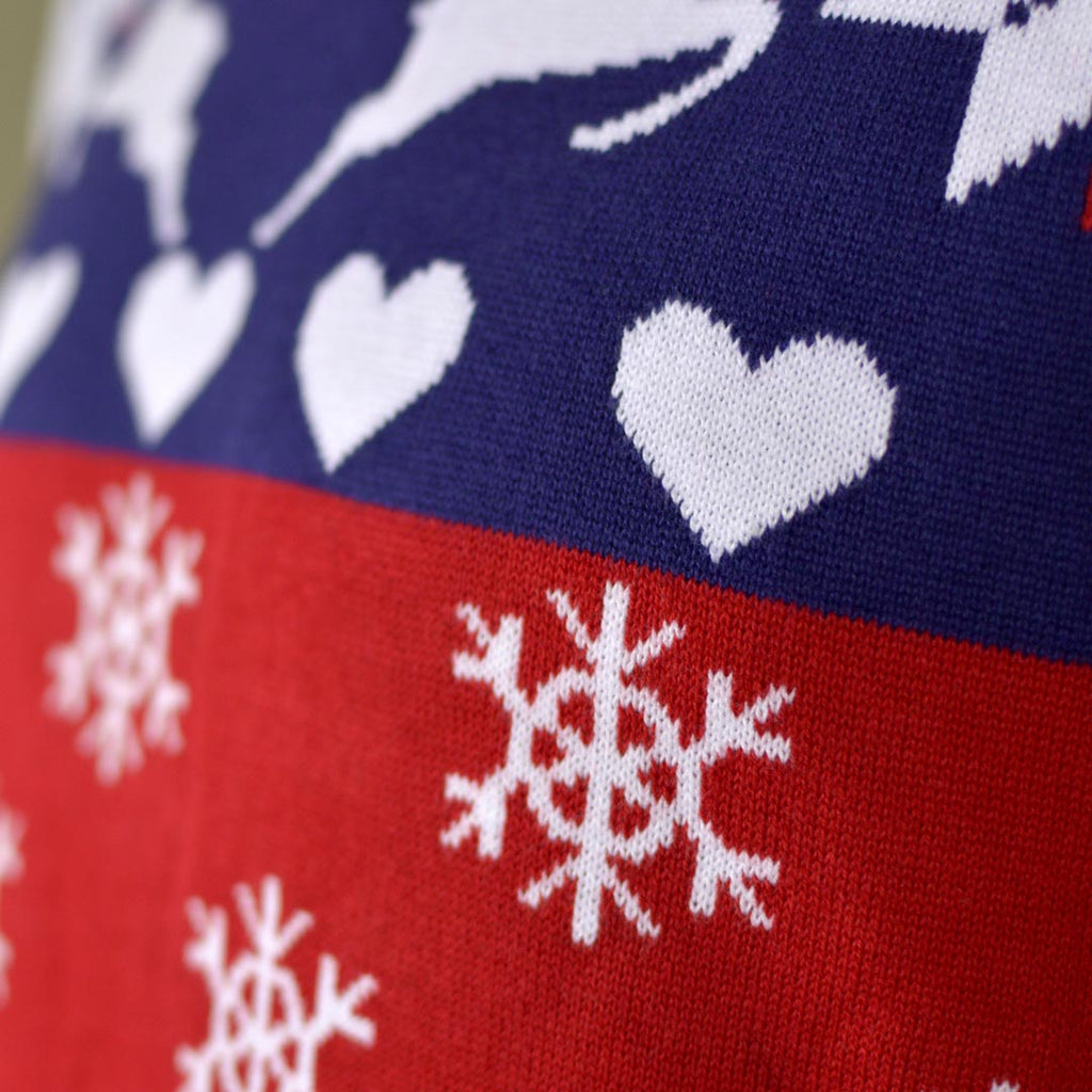 Womens Red and Blue Cotton Ugly Christmas Sweater with Reindeer and Hearts
