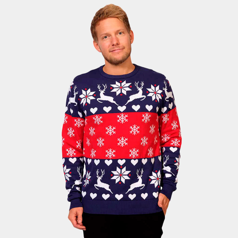 Womens Red and Blue Cotton Ugly Christmas Sweater with Reindeer and Hearts
