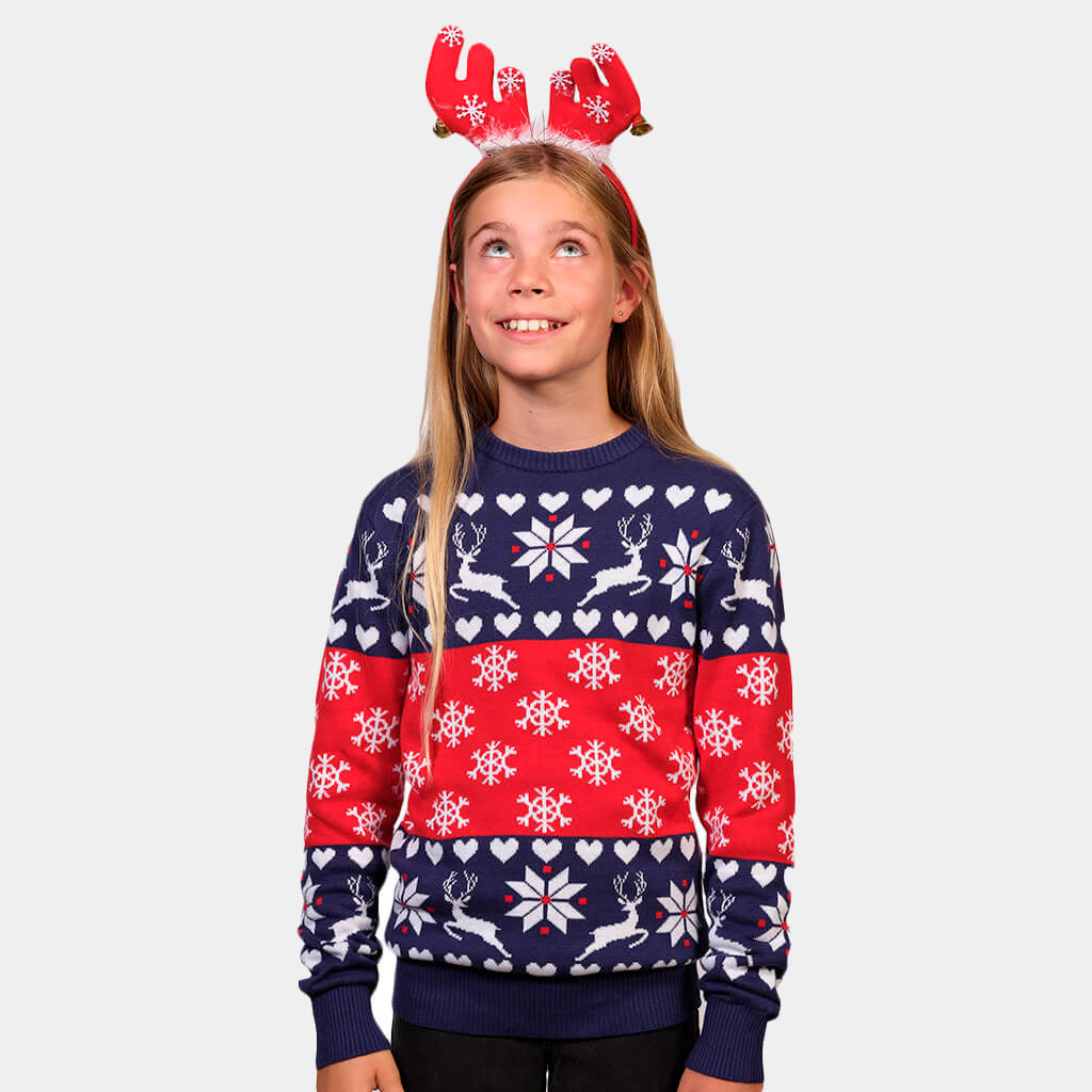 Womens Red and Blue Cotton Ugly Christmas Sweater with Reindeer and Hearts