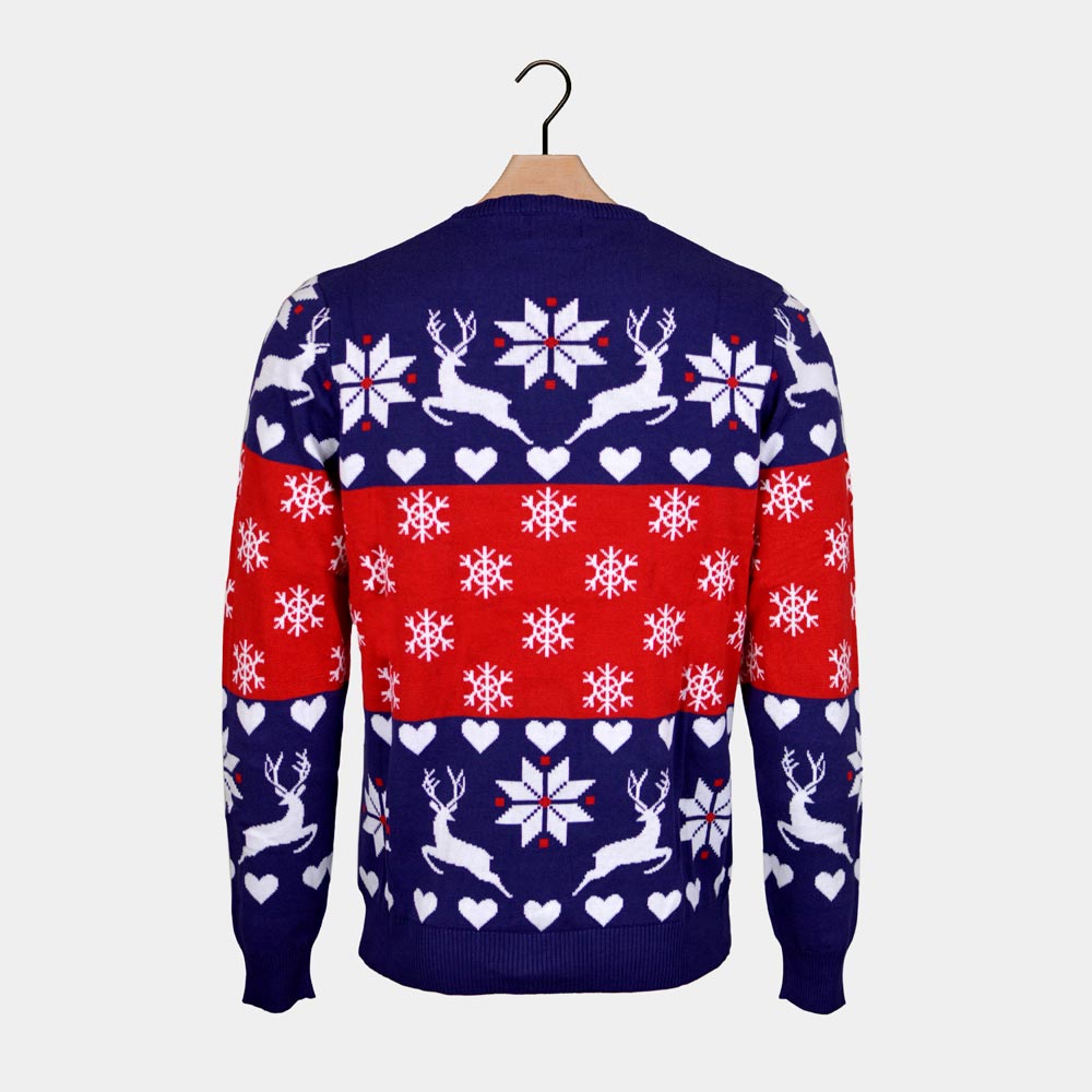 Womens Red and Blue Cotton Ugly Christmas Sweater with Reindeer and Hearts